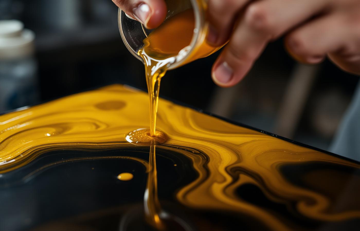 Artisan pouring golden resin into a black resin panel